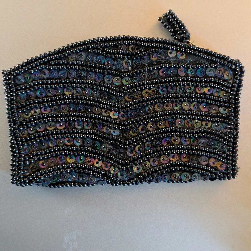 Vintage Handmade Beaded Sequin Clutch Bag Black Iridescent Evening Pouch Japan
